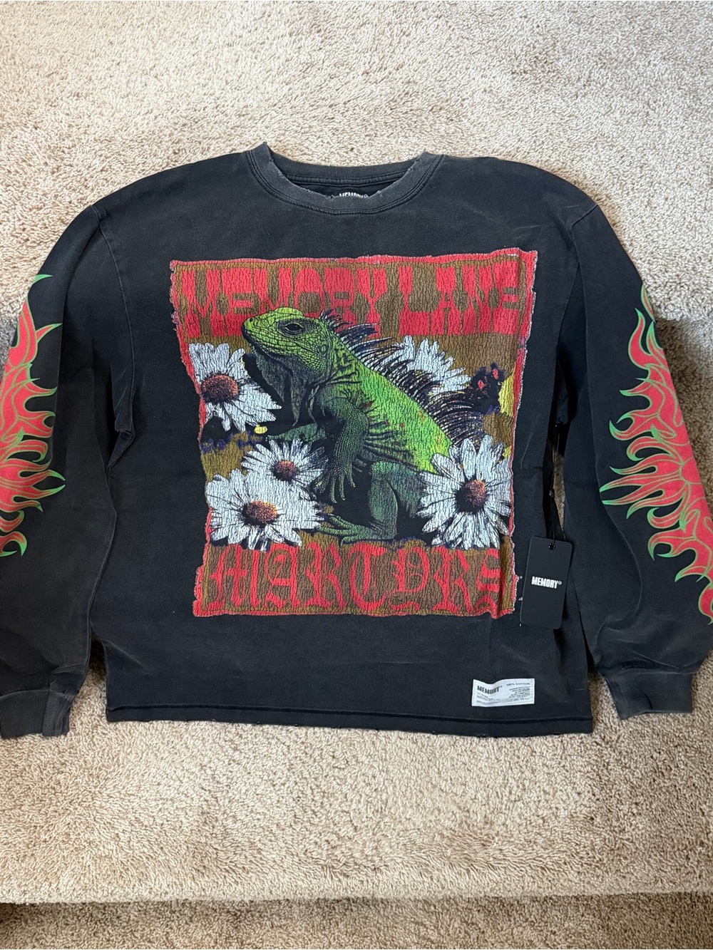 Black Long-Sleeve Graphic Tee with Green Lizard and Red Flame Sleeves